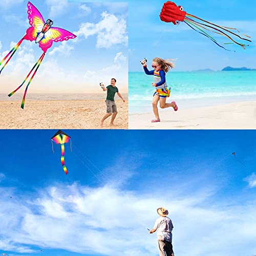 Nazano 3 Pack Kites - kites for children and adults, Large Rainbow Kids Kite Butterfly Kites Red Mollusc Octopus for Outdoor Game Activities, Beach Games Great Gift to Boys Girls Age 3 4 5 6 and Up