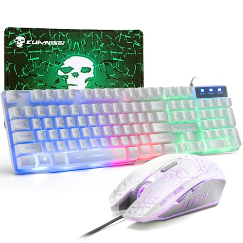 Gaming Keyboard and Mouse Set, 104 Keys UK Layout QWERTY Rainbow Backlit Keyboard, 2400 DPI 4 Buttons Colorful Mice, Comfortable MousePad, USB Wired, Compatible with Windows Mac PC PS4, White