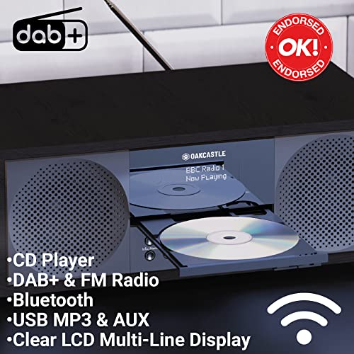 Bluetooth DAB+ Radio & CD Player | Mains Powered 60 Watt Stereo Hifi System for Home | Inbuilt Speakers, LED Display | Dual Alarm, 20 Presets & FM | USB, MP3, AUX | Remote Control | OAKCASTLE DAB500