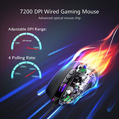 RGB Gaming Mouse Wired,Vollion PC Gaming Mice with 8 Programmable Buttons,Chroma RGB Backlit, 7200 DPI Adjustable,Comfortable Grip Ergonomic Optical Computer Gaming Mice with Shutton Button,Black