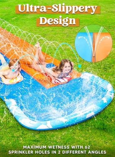 JOYIN 685cm Slip Slide and 2 Bodyboards, Lawn Water Slides Slip N Waterslides Summer Water Toy with Build in Sprinkler for Backyard Outdoor Water Fun for Kids Adults