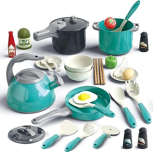 32pcs Kitchen Toys Set, Children Role Play Kitchen Pretend Toys, Cookware Cooking Utensils Pan Toys Kit, Kitchen Accessories Cooking Pots and Pans, Great Gifts for Boys Girls 3 4 5 6 Years Old Green