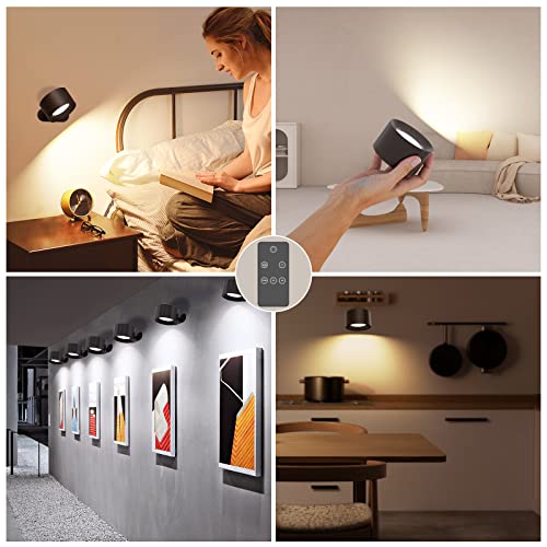 Coollamp Battery Wall Light, Indoor Wall Lamp with Remote/Touch Control, Rechargeable Battery, 3 Color Modes, 3 Dimmings, 360 ° Rotate, LED Wall Sconce for Reading Bedroom Living Room-Black 1PC