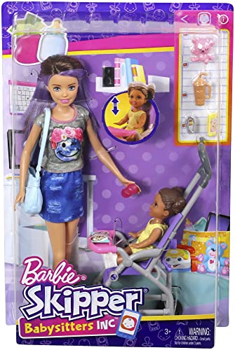 Barbie Skipper Babysitters Doll Playset, Brunette Skipper Doll with Brown Baby Doll, Baby Stroller and Doll Accessories, Toys for Ages 3 and Up, Two Dolls, FJB00