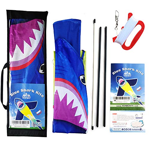 HONBO HUGE Shark Kites for Kids & Adults, Easy to Assemble Fly Beginner Kite For Boys & Girls For Outdoor Game, Beach Trip, Large Kite Flyer 75"x45" With Long Tail, and 50 Meters String For Summer