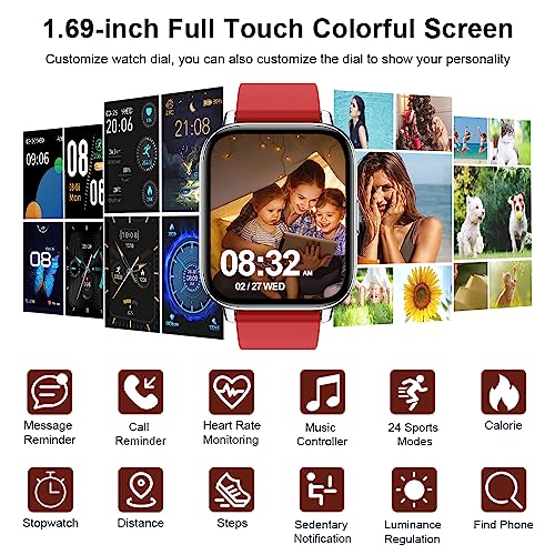 Ordtop Smart Watch, Fitness Tracker 1.69" Touch Screen Heart Rate Sleep Monitor, IP68 Waterproof Fitness Watch, 24 Modes, Pedometer Step Activity Trackers Smartwatch for Men Women for Android iOS Red