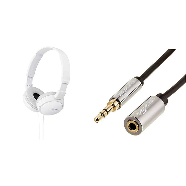 Sony MDR-ZX110/WC(AE) Overhead Headphones - White & Amazon Basics - Stereo Audio Extension Cable (3.5mm Male to Female, 3.6m Connector)