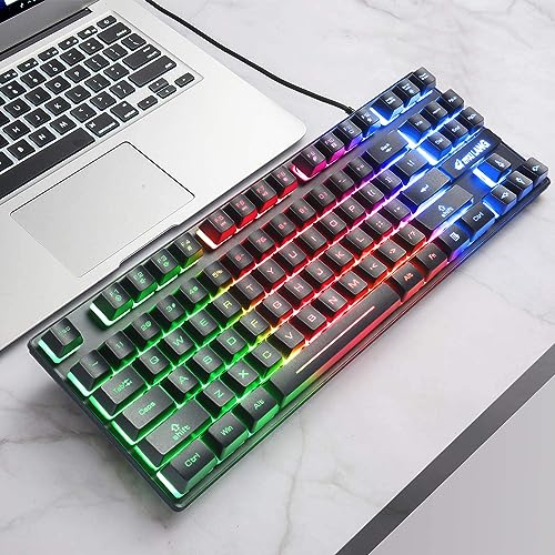 60% Gaming Keyboard, 87 Keys Mechanical Feeling Multi Color RGB Illuminated LED Backlit Wired Light Up Keyboard, Anti ghosting Mini Compact Waterproof TKL PBT Keycaps for PC/Laptop/Computer, Black