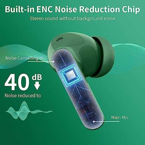 Wireless Earbuds, Bluetooth 5.3 Headphones In Ear with 4 ENC Noise Cancelling Mic, 2023 Bluetooth Earphones Mini HI-FI Stereo Sound, LED Display Wireless Headphones 36H Playtime IP7 Waterproof, Green