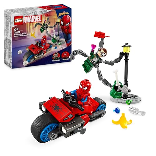 LEGO Marvel Motorcycle Chase: Spider-Man vs. Doc Ock, Motorbike Building Toy for Kids, Boys and Girls aged 6 Plus with Stud Blasters, Web Shooters & 2 Minifugres Incl. Spidey, Super Hero Gifts 76275