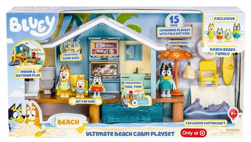 Bluey Moose Toys Family & Friends Ultimate Beach Cabin Playset with Exclusive Watercraft - Includes 15 Play Pieces and 1 Sticker Sheet