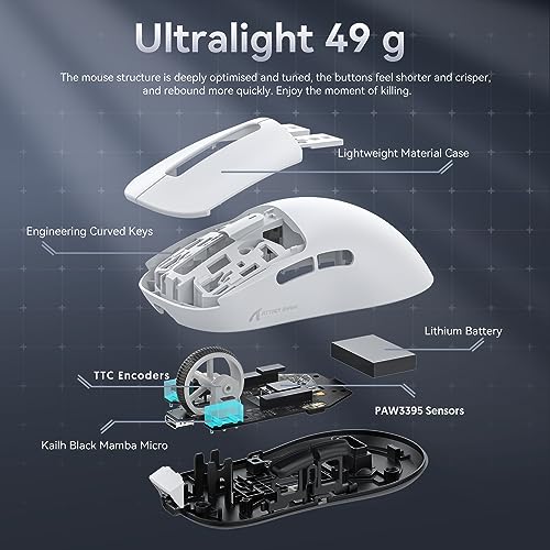 ATTACK SHARK X3 49g SUPERLIGHT Mouse, PixArt PAW3395 Gaming Sensor, BT/2.4G Wireless/Wired Gaming Mouse, 6 Adjustable DPI up to 26000, 200 Hrs Battery, G502, Office Mice for Win11/Xbox/PS/Mac (White)