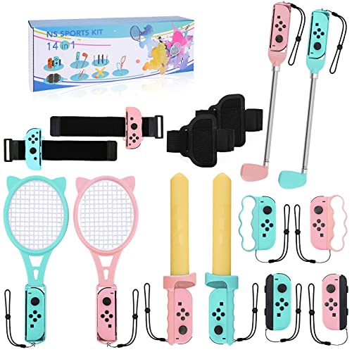 14 in 1 Switch Sports Accessories Set for N-S Sports Game, 2022 Somatosensory Bundle NS OLED Family Game with Golf Clubs, Tennis Rackets, Fencing Grips, Bowling Grip, Hand Ropes, Wrist & Legs Bands