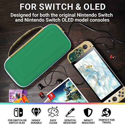 Orzly Switch Case for Nintendo Switch Oled and standard Switch console with accessories and Games storage compartment - Designed for Zelda fans Gift boxed Edition Green Gold White carrying case