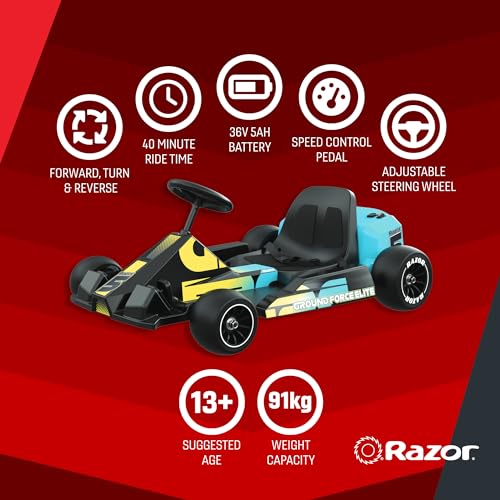 Razor Ground Force Elite - Electric Go Kart for Kids 13+ with Forward & Reverse Drive, Up to 14 mph Max Speed, 40 Minute Ride Time, 9 Mile Range, 350W Ride On with 36V 5Ah Battery - Black & Blue