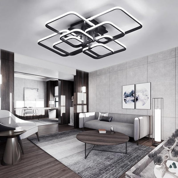 XEMQENER Modern LED Ceiling Light with 8 Squares, 152W Flush Mount Pendant Light, Black Acrylic Chandelier for Living Room Bedroom Dining Room, Cool White, 6000K