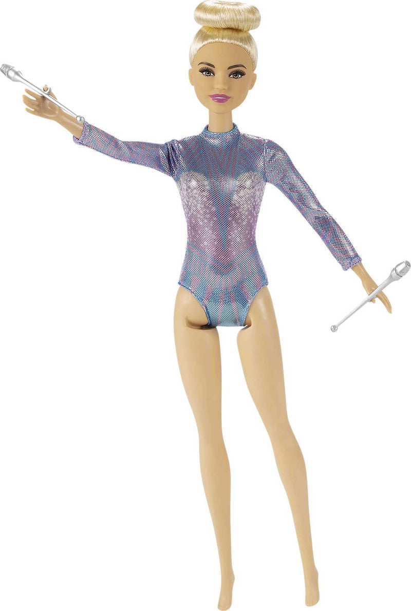 Barbie Rhythmic Gymnast Blonde Doll (12-in/30.40-cm) with Colorful Metallic Leotard, 2 Clubs & Ribbon Accessory, Great Gift for Ages 3 Years Old & Up, GTN65