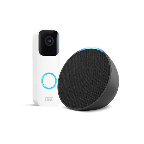 Blink Video Doorbell, White, Works with Alexa + Introducing Echo Pop | Charcoal - Smart Home Starter Kit