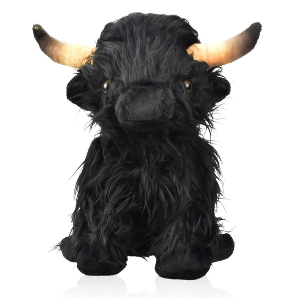 CREJOHY Highland Cow Plush Toy, Fluffy Cow Plushies Realistic Cuddly Farm Toy, Scottish Highland Cow Teddy Stuffed Soft Toys Gifts for Boys Girls Kids(Black, 11in)