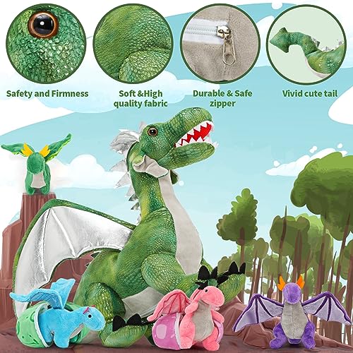 MorisMos Green Dragon Teddy with Babies inside Toy, Lifelike Cuddly Dragons Plush Soft Toys for Boy, Kawaii Dragon Stuffed Animal Gifts for Valentines Birthday Children's Day Party Decorations (55 cm)