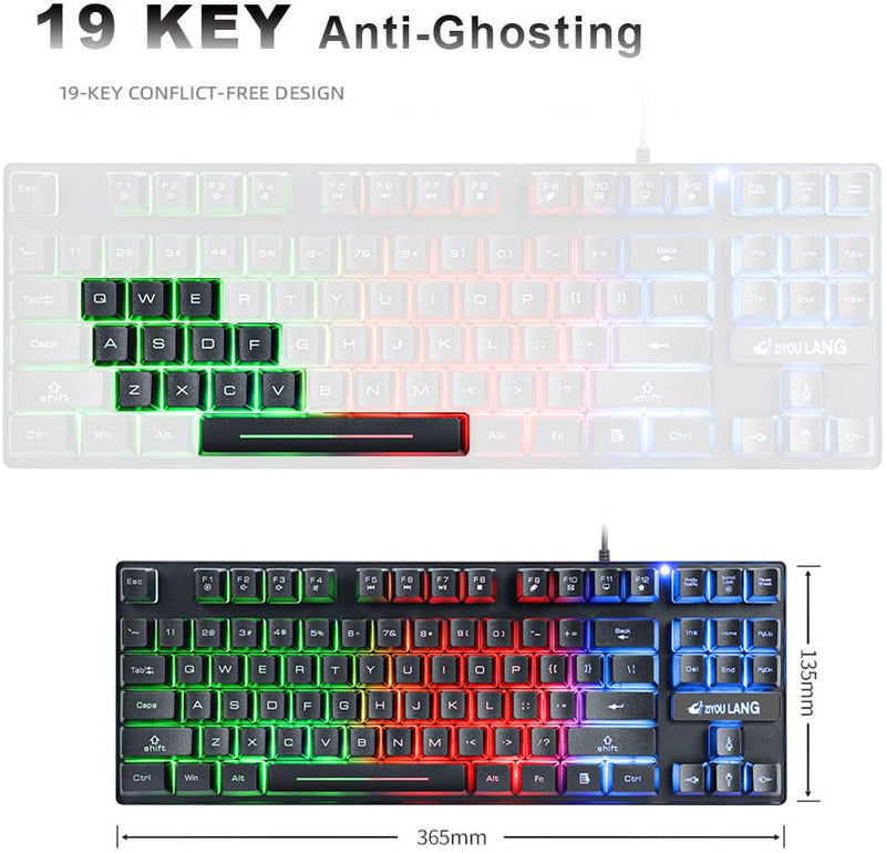 60% Gaming Keyboard, 87 Keys Mechanical Feeling Multi Color RGB Illuminated LED Backlit Wired Light Up Keyboard, Anti ghosting Mini Compact Waterproof TKL PBT Keycaps for PC/Laptop/Computer, Black