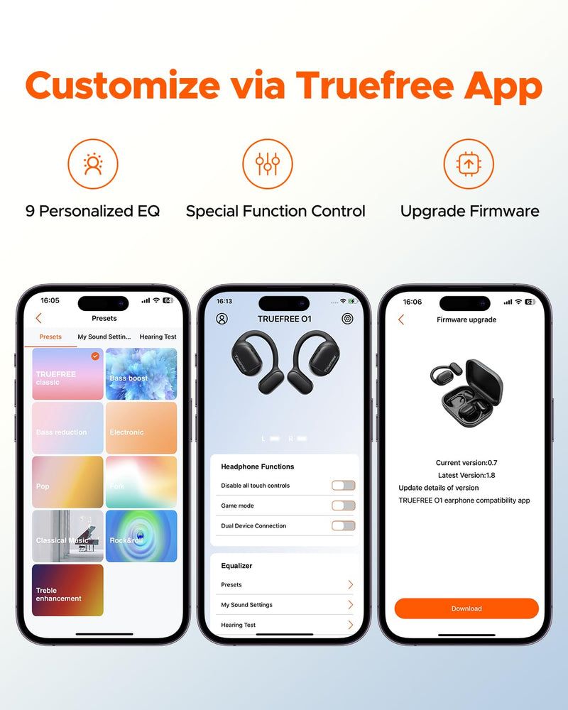 truefree O1 Open-Ear Headphones, Bluetooth 5.3 Wireless Earbuds with Ear Hooks, Over-Ear Air Conduction Tech for Sports, Four Mics Clear Calls, 45 Hours of Playtime, 16.2mm Enhanced Bass, App Control
