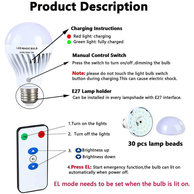 EBILUN 7W E27 LED Newly Design Smart Emergency Bulb Household Lighting Bulbs Multifunction Rechargeable Emergency Bulb Energy Saving Indoor Lighting Flashlight (Warm White Light)