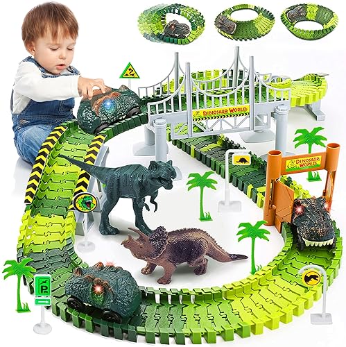 Dinosaur Race Track Toys,Create A Dinosaur World Road Race for Kids Toys,Flexible Track Playset and 2 Cool Dinosaurs Car for 3 4 5 6 7 8 Year Old Boys Girls Gift