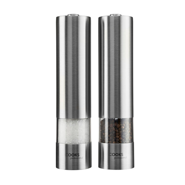 Cooks Professional Electric Automatic Salt and Pepper Mill Set | Battery Operated Grinders | Adjustable Grinding & One Touch Button | Condiment Grinder for Kitchen Accessories | (Stainless Steel)