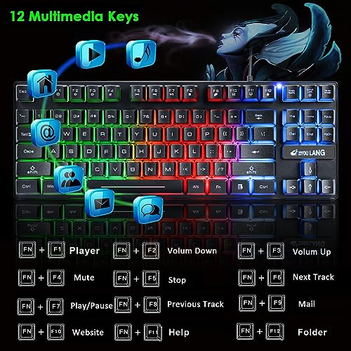 60% Gaming Keyboard, 87 Keys Mechanical Feeling Multi Color RGB Illuminated LED Backlit Wired Light Up Keyboard, Anti ghosting Mini Compact Waterproof TKL PBT Keycaps for PC/Laptop/Computer, Black