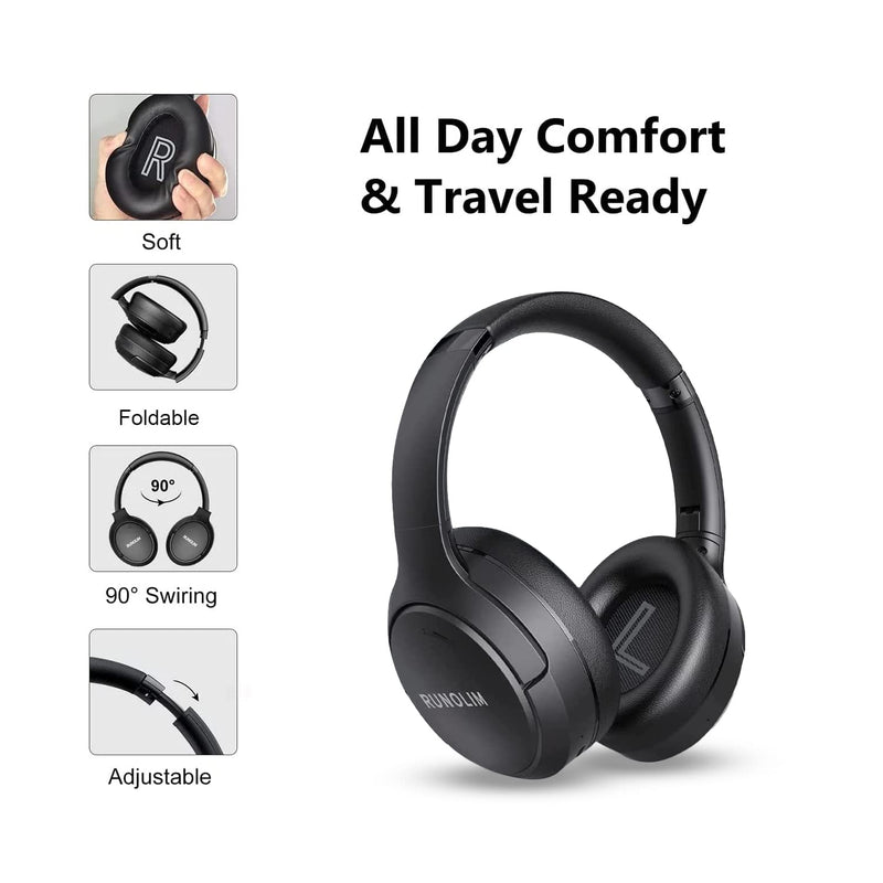 RUNOLIM Hybrid Active Noise Cancelling Headphones, Wireless Over Ear Bluetooth with Microphone, 65H Playtime, Foldable with HiFi Audio, Deep Bass for Home Travel Office