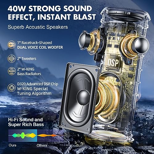 W-KING Portable Bluetooth Speaker, IP67 Waterproof Outdoor Speaker Wireless Loud, Customized EQ APP/Deep Bass, 360° Sound with Dual Voice Coil/Light/V5.3/TF/AUX, 40W Party Home Boombox Shower Speaker