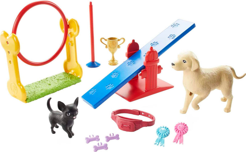 Barbie Ken Dog Trainer Playset with Doll, 2 Dog Figures, Hoop Ring, Balance Bar, Jumping Bar, Trophy and 2 Winner Ribbons for Ages 3 and Up, GJM34