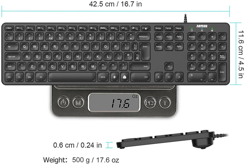 Arteck USB Wired Keyboard Universal Backlit 7-Colors & Adjustable Brightness Full Size Keyboard with 1.8M Wire, Numeric Keypad and Media Hotkey for Computer Desktop PC Laptop and Windows 11 10 8 7
