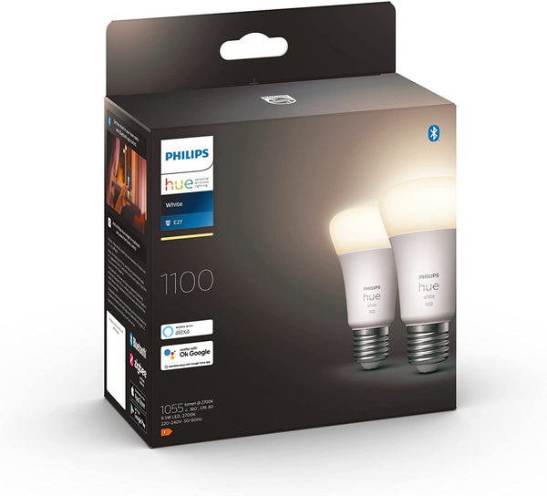 Philips Hue NEW White Smart Light Bulb 75W - 1100 Lumen 2 Pack [E27 Edison Screw] With Bluetooth. Works with Alexa, Google Assistant, Apple Homekit. For Indoor Home Lighting, Livingroom and Bedroom.