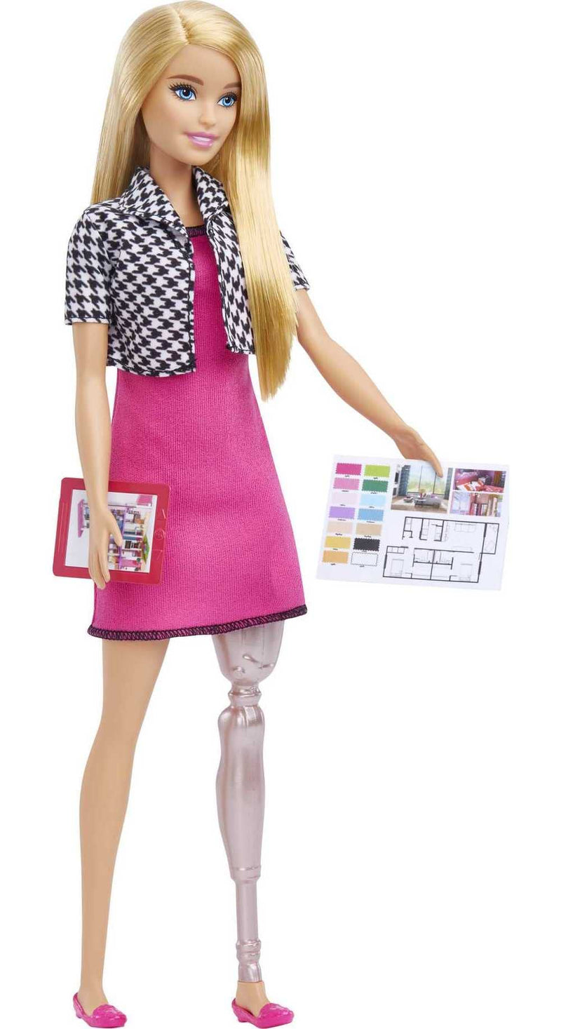 Barbie Interior Designer Doll, Blonde, Pink Dress & Houndstooth Jacket, Prosthetic Leg, Tablet & Design Sheet, Great Gift for Ages 3 Years Old & Up