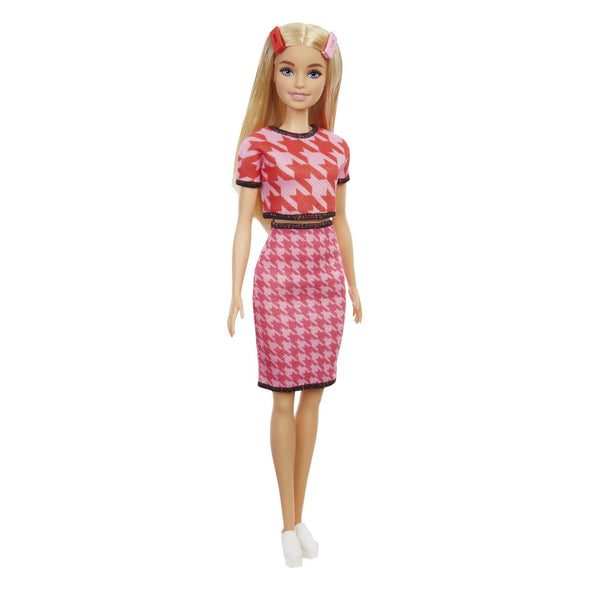 Barbie Fashionistas Doll #169 with Long Blonde Hair & Houndstooth Crop Top & Skirt, Platform Shoes & 2 Barrettes, Toy for Kids 3 to 8 Years Old, GRB59