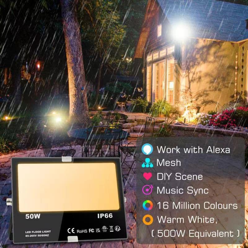 Flood Lights Outdoor With Alexa, Smart LED Floodlight Colour Changing 500W Equivalent 5000LM, Bluetooth APP Control, Warm White+1600 Million RGB Colours,No WiFi No Hub,IP66 Waterproof UK 3-Plug,2 Pack