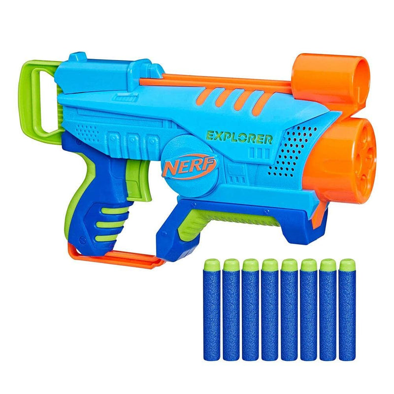 Nerf Elite Jr Explorer Easy-Play Toy Blaster, Easy Hold & Load & Blast, 8 Nerf Elite Darts, For 6 Year Old Boys & Girls