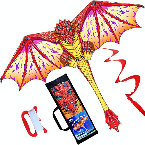 Dragon Kite for Kids and Adults-Easy to Fly, Beginner Kite-55 x 62inch with Spinning Tail 200ft Kite String, Kites Kids(RED)