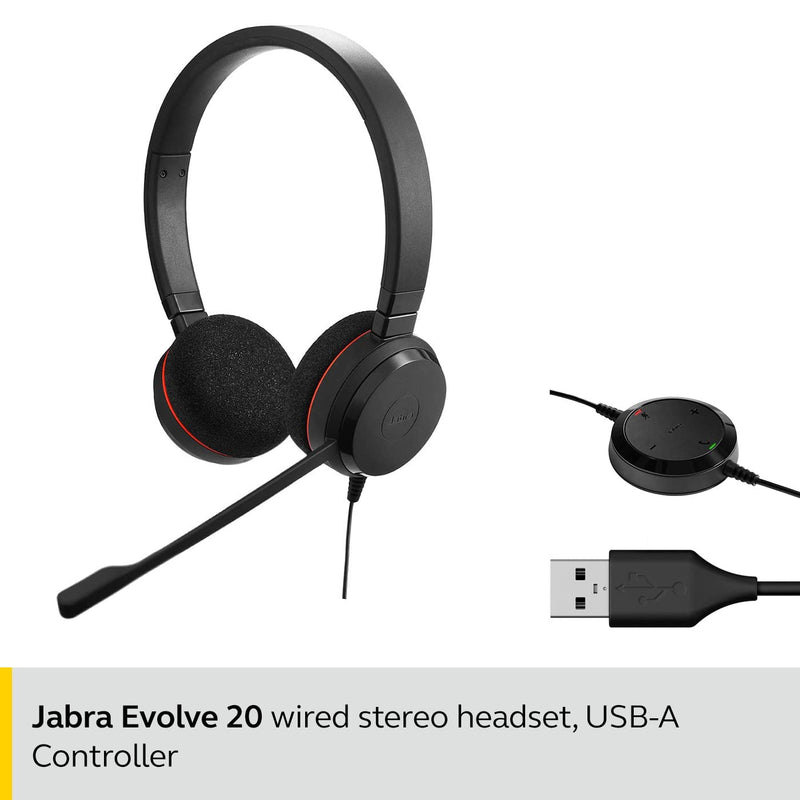Jabra Evolve 20 Stereo Headset – Microsoft Certified Headphones for VoIP Softphone with Passive Noise Cancellation – USB-Cable with Controller – Black