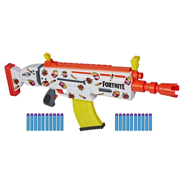 Nerf Fortnite AR-DURRR Burger motorised Blaster - customising Stickers, 20 Nerf Darts, 10-Dart Clip - Amazon Exclusive