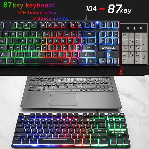 60% Gaming Keyboard, 87 Keys Mechanical Feeling Multi Color RGB Illuminated LED Backlit Wired Light Up Keyboard, Anti ghosting Mini Compact Waterproof TKL PBT Keycaps for PC/Laptop/Computer, Black