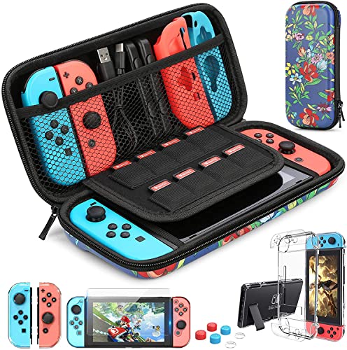 HEYSTOP Nintendo Switch Case - Nintendo Switch Carry Case Pouch + Switch Cover Case + HD Switch Screen Protector + Thumb Grips Caps for Nintendo Switch Console Accessories(Leaf)