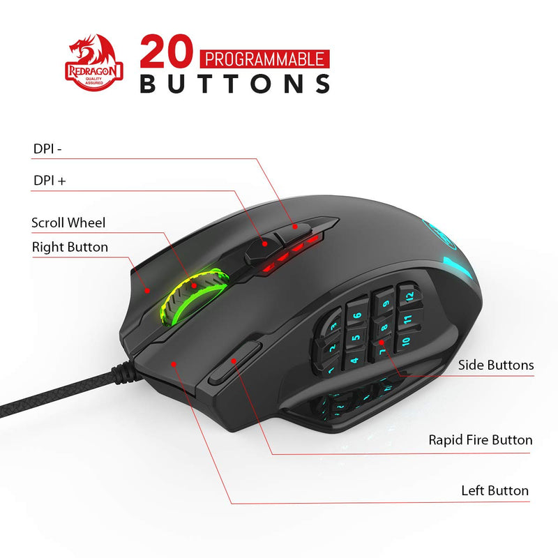 Redragon M908 Impact RGB LED MMO Mouse with Side Buttons Optical Wired Gaming Mouse with 12,400DPI, High Precision, 20 Programmable Mouse Buttons