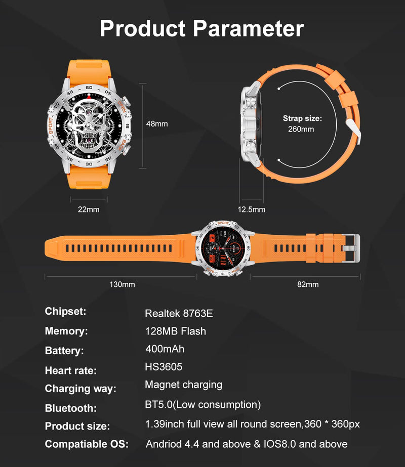 Men's Smart Watch Bluetooth Answer/Make Call for Android iOS Phone 400 mAh 1.39" Outdoor Sport Activity Fitness Tracker 2 Watch Straps Male Music Smartwatch,Heart Rate Sleep Health Monitor (Orange)
