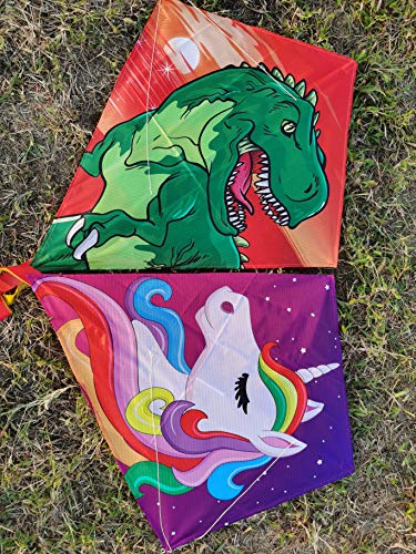 Diamond Kite 2 Pack, Dinasour + Unicorn Eddy Kite, Single Line Kite for Children, Wonderful Beginner Kite for 3 years up, 60x70cm with 2x300cm long tails, Kite handle, 60m String and swivel included.