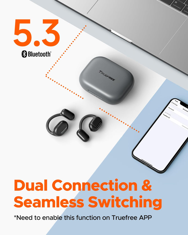 truefree O1 Open-Ear Headphones, Bluetooth 5.3 Wireless Earbuds with Ear Hooks, Over-Ear Air Conduction Tech for Sports, Four Mics Clear Calls, 45 Hours of Playtime, 16.2mm Enhanced Bass, App Control