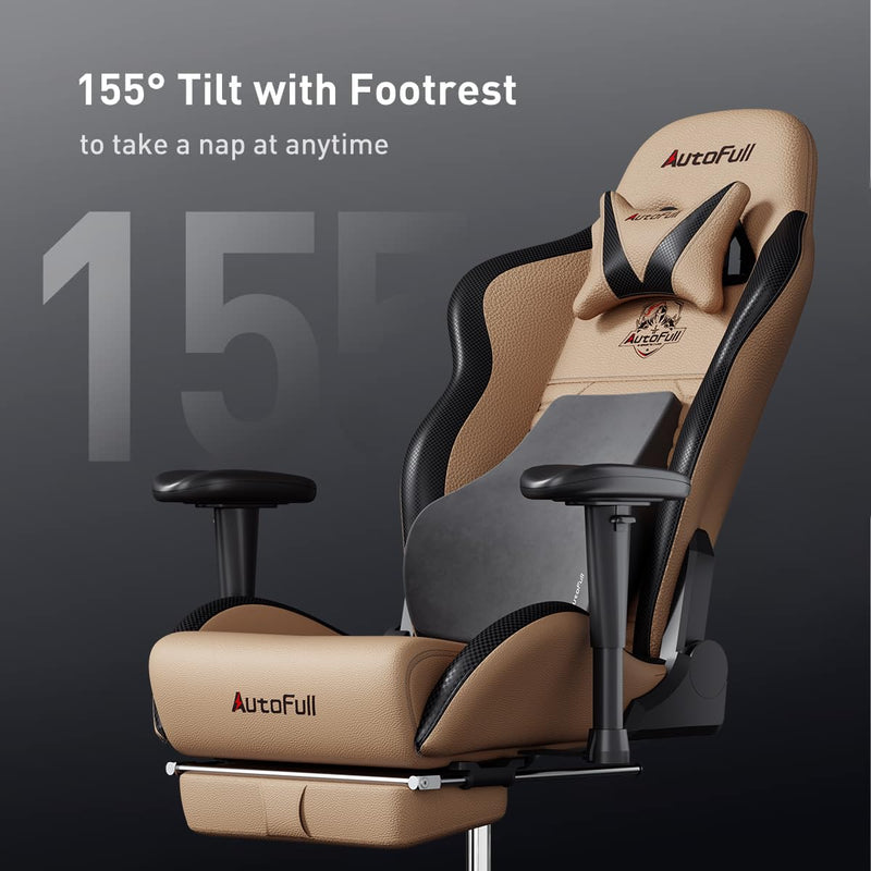 AutoFull C3 Gaming Chair Ergonomic Office Chair with 3D Bionic Lumbar Support, Racing Style Premium PU Leather Computer Chair Gamer Chairs with Footrest and Headrest,Brown,(3-Years Warranty)