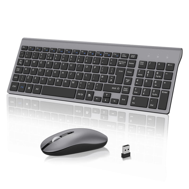 Wireless Keyboard Mouse Combo, cimetech 2.4G Ultra-Thin Keyboard and Mouse Set with Sleek Ergonomic Silent Design & Stable Connection for Windows PC Laptop Computer (QWERTY UK Layout, Gray)